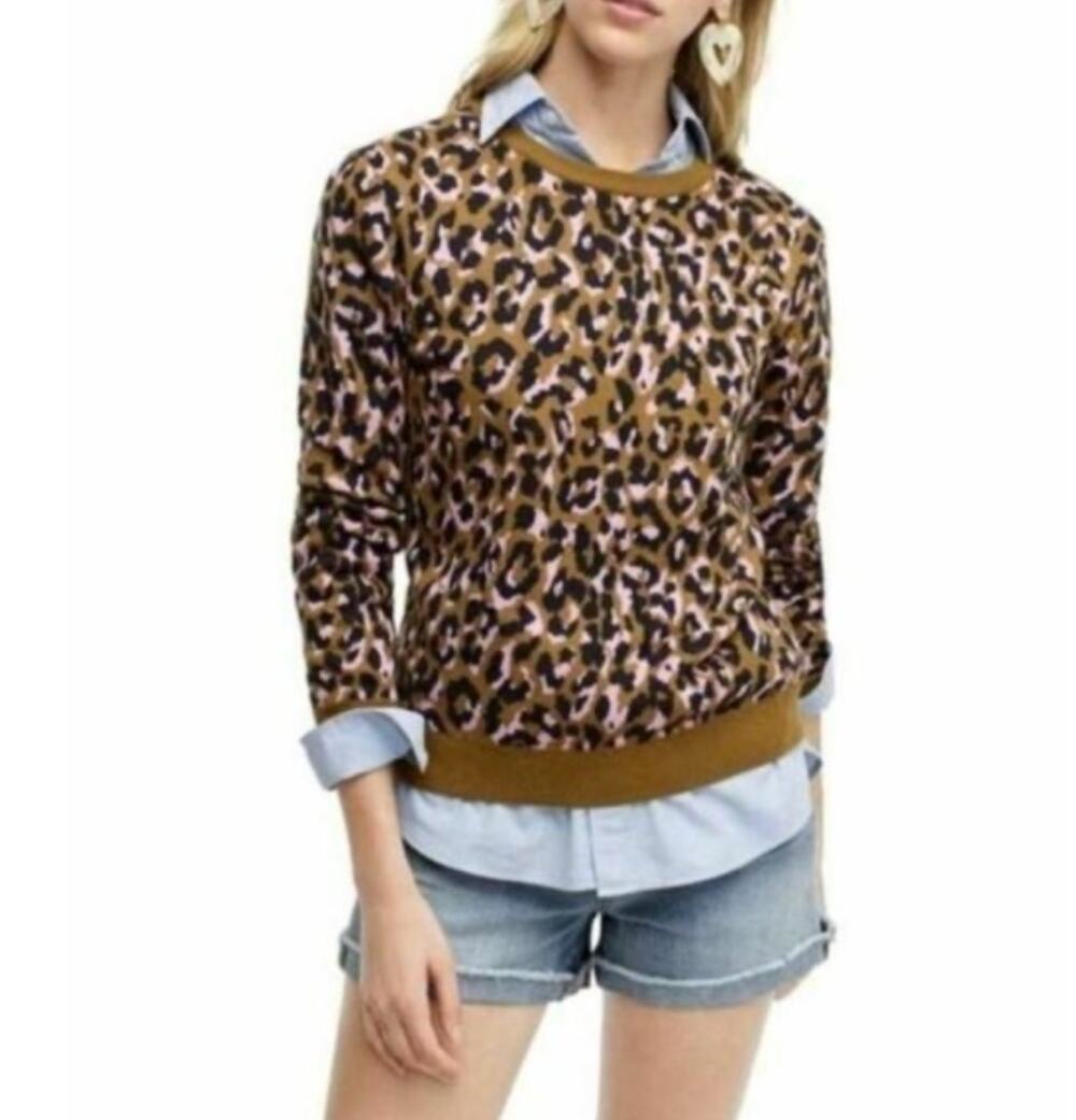 J. Crew Mod Leopard Print Bronzed Moss Pink Crewneck Pullover Sweater Size M
